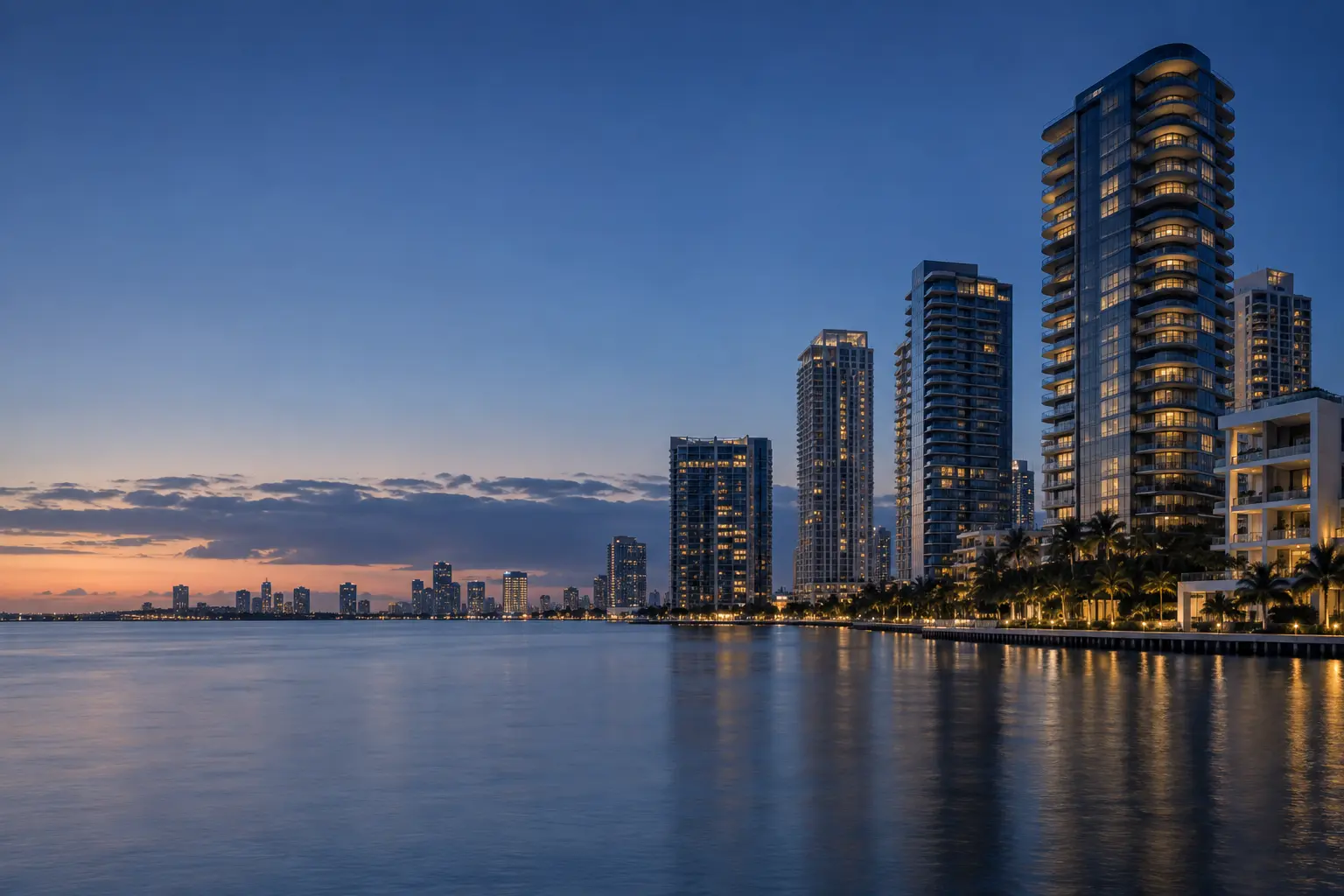 Contemporary South Florida waterfront architecture at blue hour