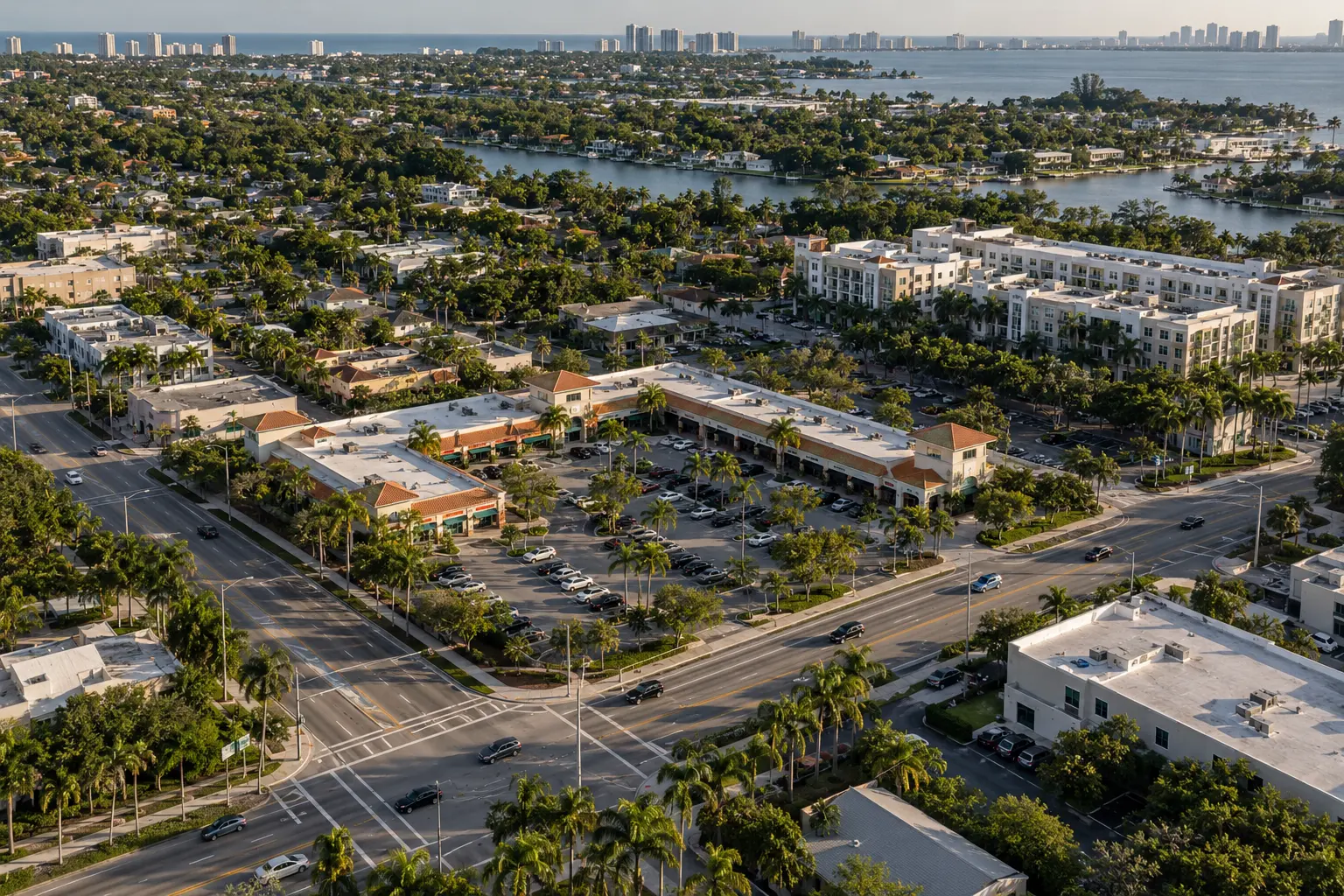 Aerial view of a South Florida neighborhood retail corridor
